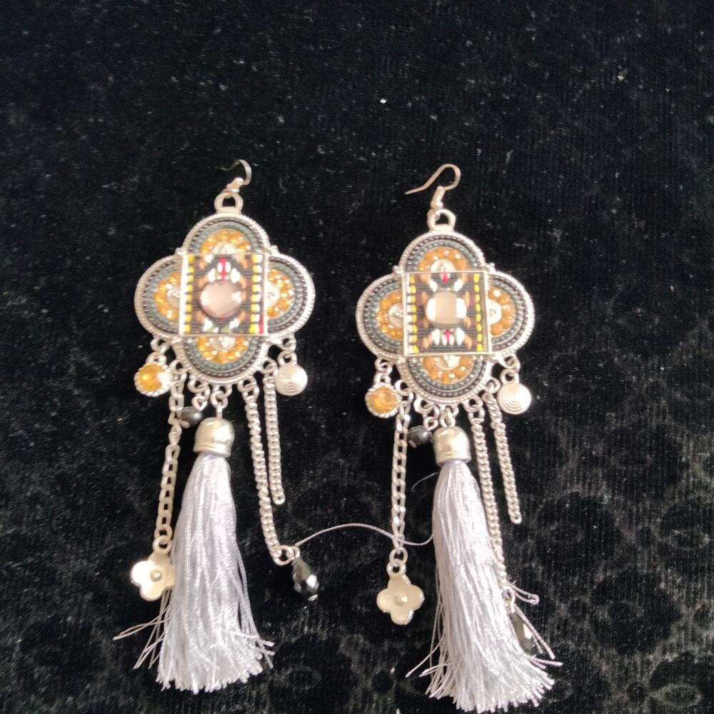 Iris Apfel & Bajalia Gray & Silver Embellished Tasseled HUGE Statement Earrings